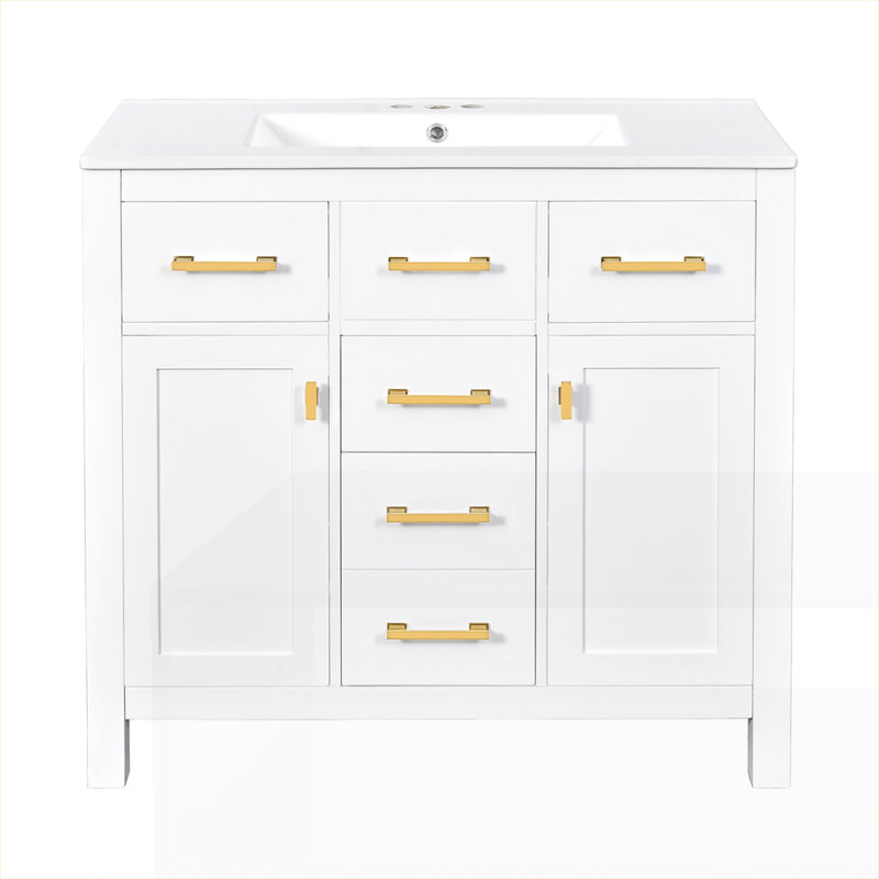 Armoire de salle de bain moderne autoportante simple avec 4 tiroirs et 2 armoires, Blanc