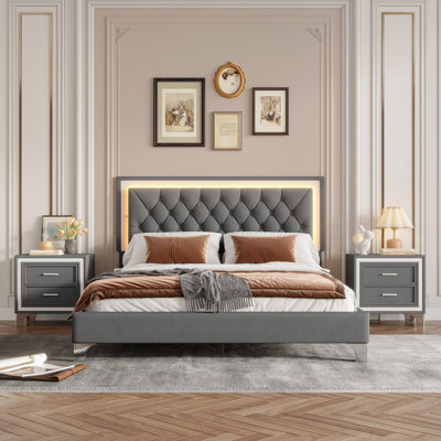3-Pieces Bedroom Sets,Queen Size Upholstered Platform Bed With LED Lights And Two Nightstands-Gray