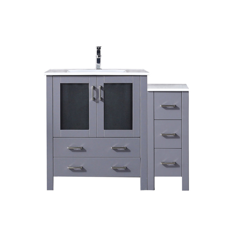 42 po W Meuble-lavabo simple gris foncé pour salle de bain, armoire latérale, comptoir en céramique blanche, robinet, fermeture en douceur, une armoire intérieure et cinq tiroirs, beaucoup d'espace de rangement, surface antitache, baignoire
