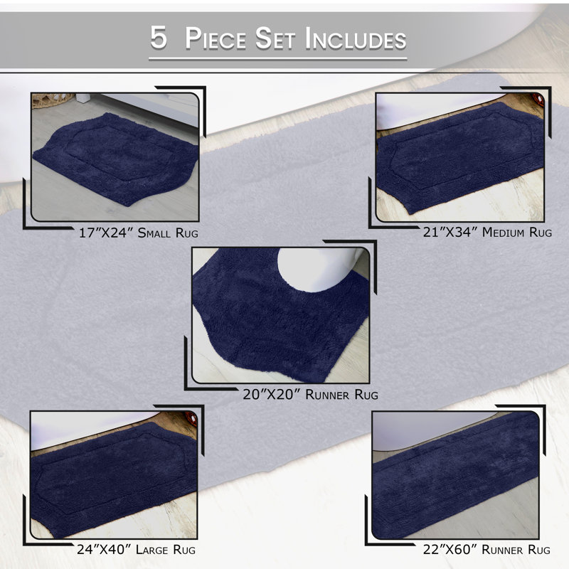 Morissette 100% Cotton Bath Mats, Quick Dry, Machine Washable, Absorbent - 5 Piece Set, Navy