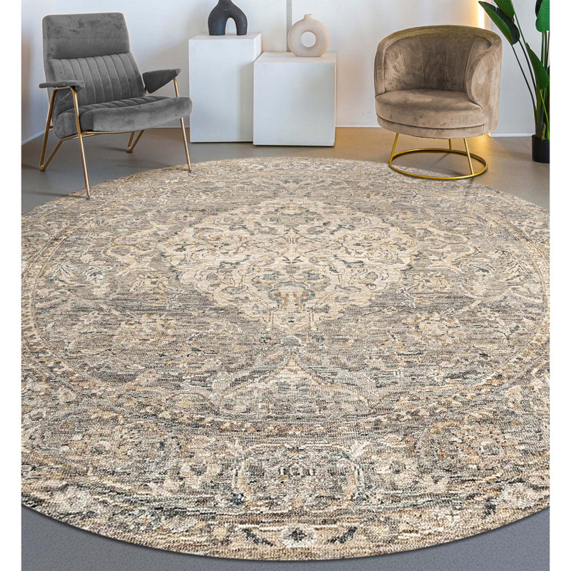 Hand Knotted Oriental Area Rug in Gold/Gray/Beige, Round 6'