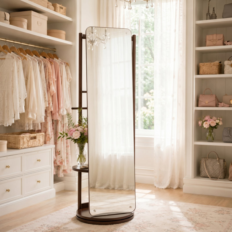 360° Swivel Full Length Mirror With Solid Rubber Wood Base And Storage Hooks