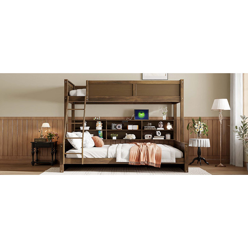 Lit simple superposé au-dessus de grand lit simple avec armoires de rangement et ports USB, Simple TG sur grand, Bois