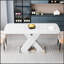 Table de salle à manger moderne carrée, extensible avec plateau blanc et pieds en MDF en X sur base en métal