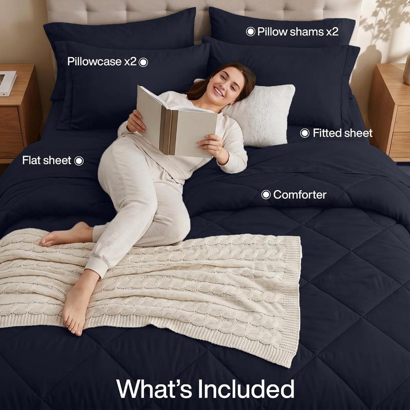 Ensemble de literie Utopia Bedding Queen bleu marine - Ensemble de literie complet 7 pièces, taille Queen, doux et luxueux, pour toutes les saisons, comprenant couette, draps, taies d'oreiller et housses de coussin, bleu marine