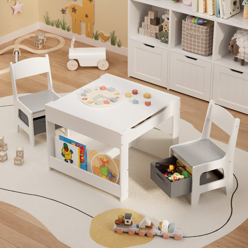 2-In-1 Reversible Top Kids Activity Table & Chair Set ，With Chair Storage Drawers & Under-Table Shelf–Durable, Toddler Activity Table