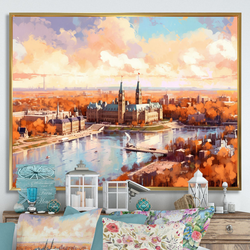 «Sunny On Ottawa River» sur toile, H 16 po x l 32 po, Cadre flottant doré