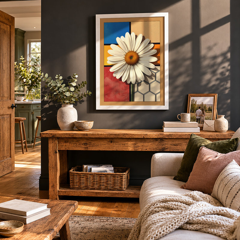 Daisy Geometric - Framed Print, A2 - 59.4 x 42.0 cm, Black
