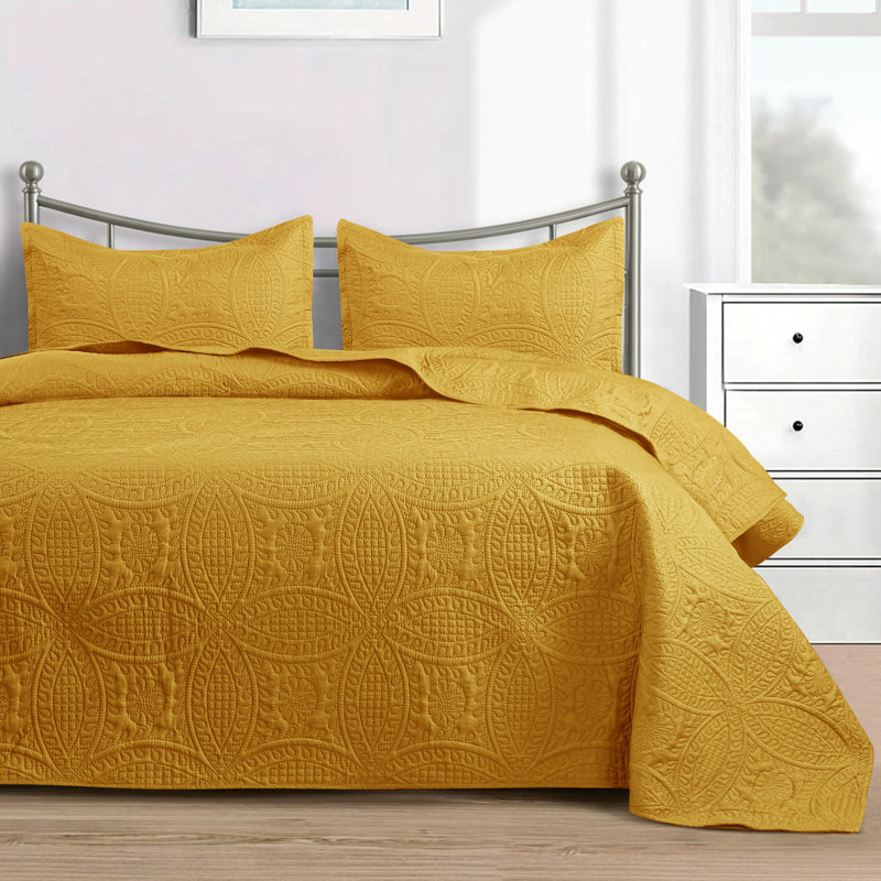 3 Piece Bedspread Set - Reversible Quilt Set - Lightweight Microfiber Coverlet for Queen King Twin, Ochre