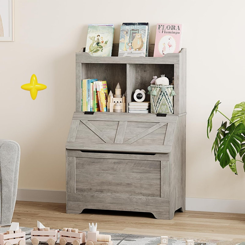 Bibliothèque pour enfants spacieuse à 3 niveaux avec rangement pour jouets et couvercle rabattable, Gris