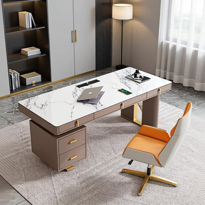 55.12" Rectangular Sintered Stone Desk,5-Solid Wood drawer