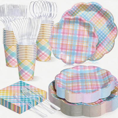 50 Sets Pastel Gingham Tableware for Party Decorations