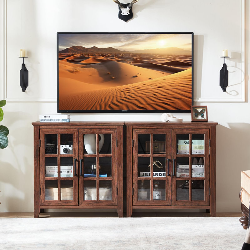 Farmhouse Sideboard Buffet Cabinet with 2 Glass Doors, Adjustable Shelves, Engineered Wood Coffee Bar Console Table, 2