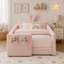 Lit plateforme tapissier simple avec tête de lit en forme d'oreille de lapin mignon, avec barre de sécurité et poche, tissu bouclé