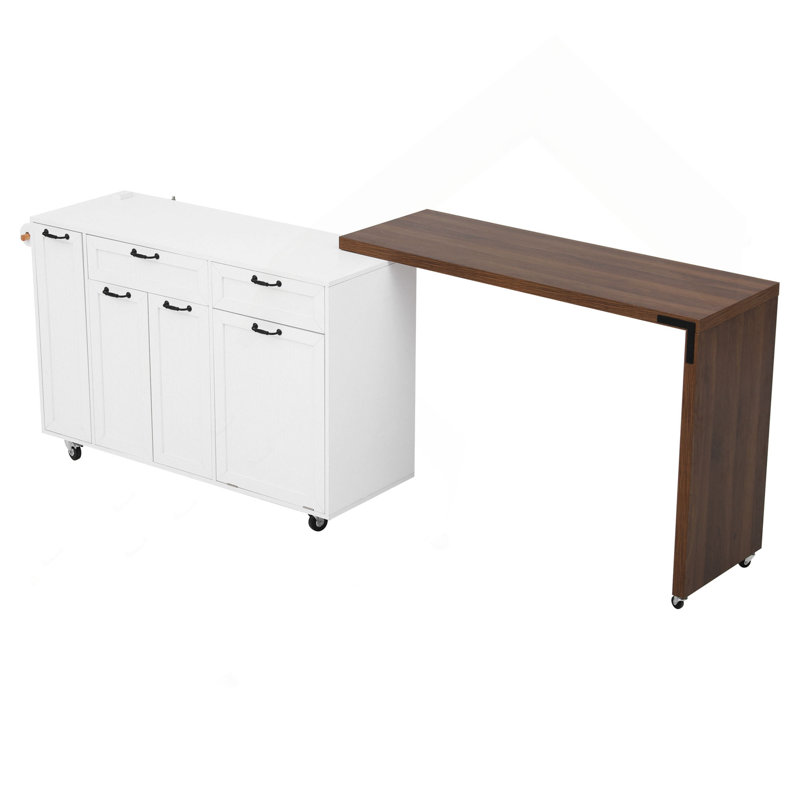 102.3" Kitchen Island with Extendable Dining Table, Kitchen Rolling Island Cart with Trash Storage Cabinet, 3-Tier Pull-Out Spice Rack, Mobile Island Table on Wheels for Kitchen, Dining Room