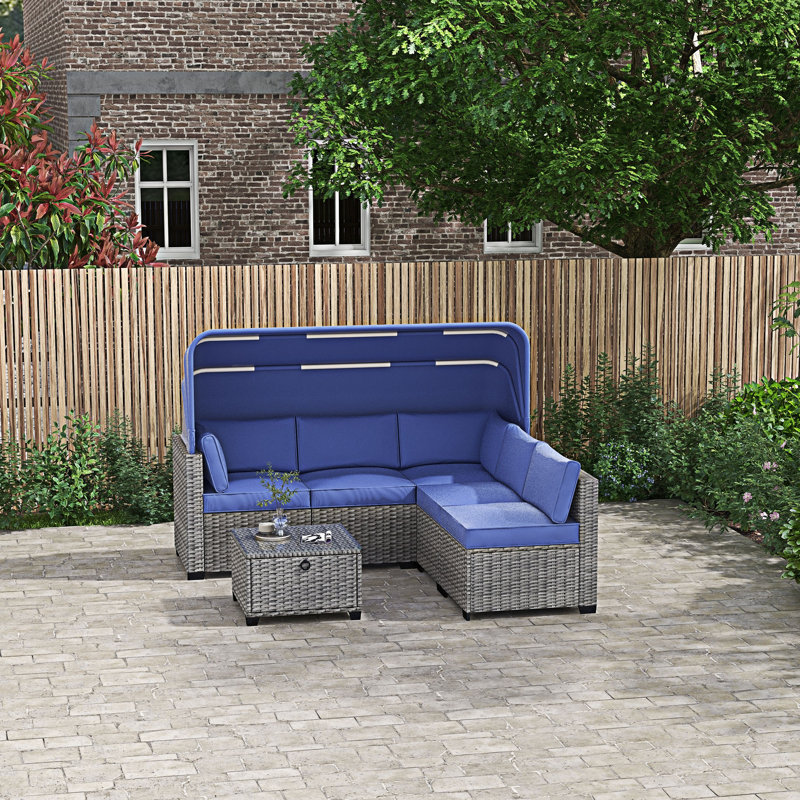 6 Pieces Outdoor Sectional Sofa Set with Adjustable Backrest, Antique Blue