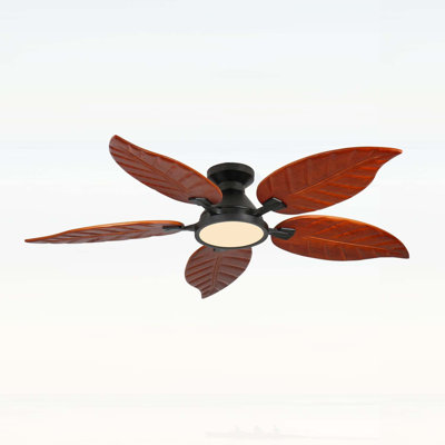 52 Inch Tropical Flush Mount Ceiling Fan with Light, Palm Leaf Design for Indoor Use in Dark Walnut and Black