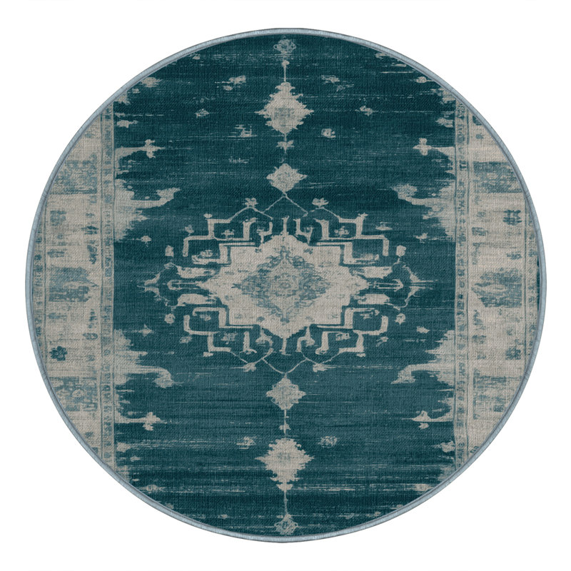 Tapis bleu lavé à la machine, Rond 6 pi