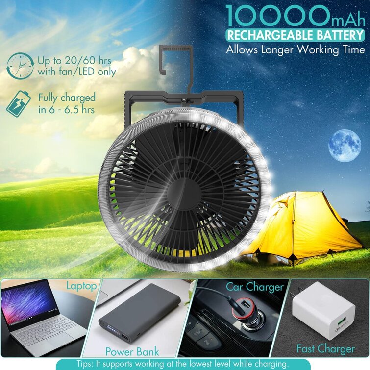 Ventilateur de camping avec télécommande – Ventilateur rechargeable de 65  heures 12 000 mAh, 3 vitesses et minuterie, alimenté par batterie avec