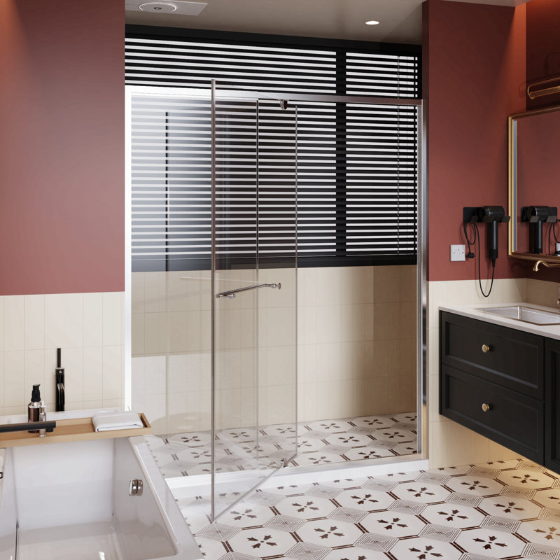 60.In W X 72.In H Pivot Shower Door, 1/4 Inch Thick Clear Tempered Glass Swing Shower Door With Stainless Steel Handle, Chrome