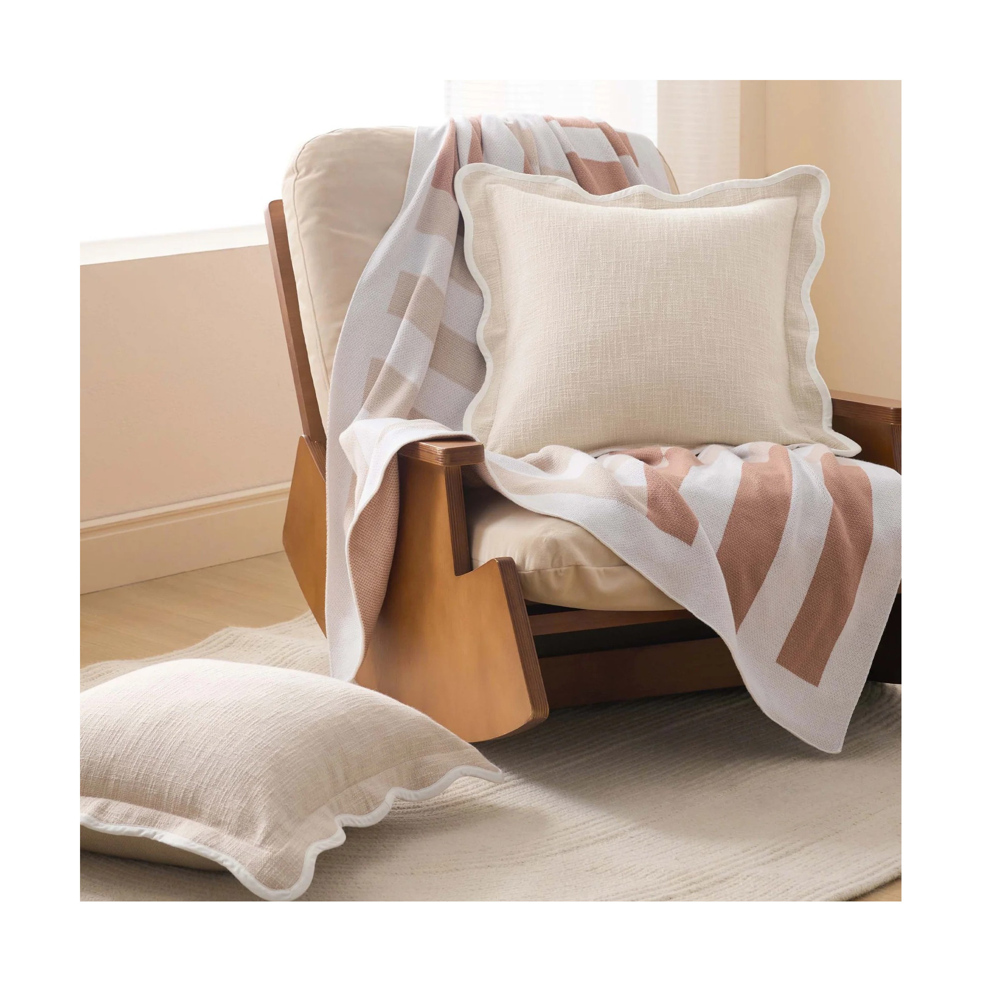 Double Stitch Cotton Decorative Scalloped Throw Pillow Coveron, Oat Milk