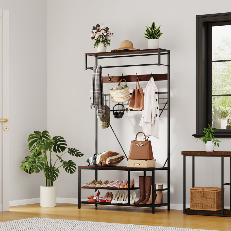 5 in 1 Hall Tree with Bench and Shoe Storage, 39" Entryway Coat Rack with Shoe Bench, Adjustable Shelf, Hanging Rod & 9 Hooks, Coat and Shoe Rack