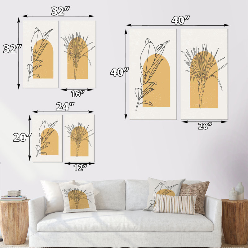 Branche botanique orange avec feuilles II - ensemble de 2 peintures, Toile tendue, H 40 po x l 40 po x P 1,5 po