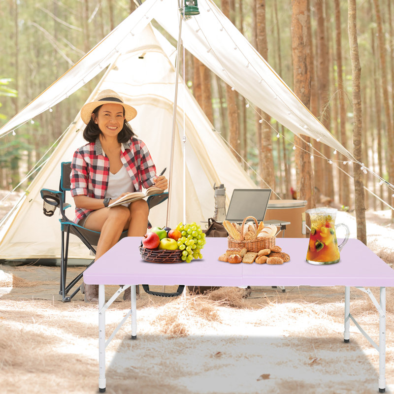 Table violette de 120 cm pour l'intérieur et l'extérieur, en acier haute densité, pliable et stable, surface lisse pour écrire, idéale pour les réceptions et les fêtes, supporte jusqu'à 135 kg, surface antitache et antidérapante.