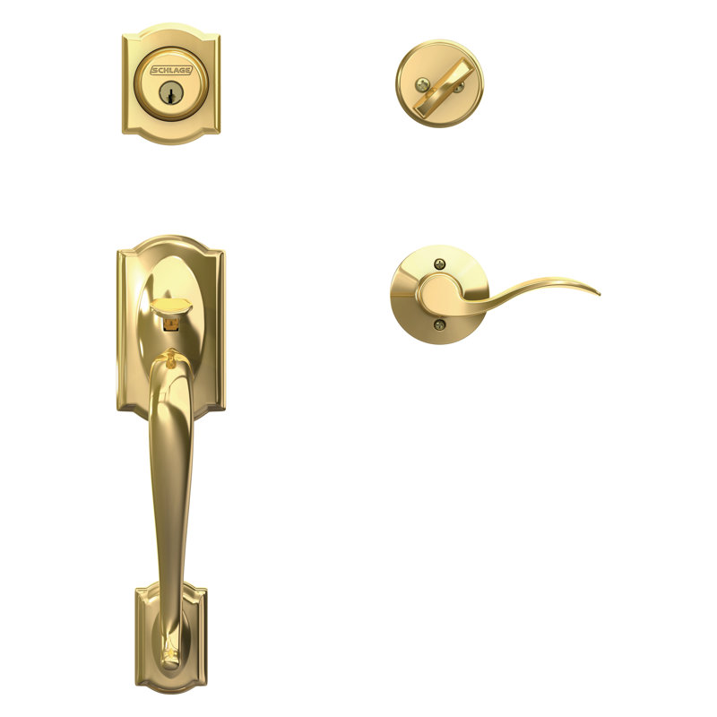 Camelot Handleset with Deadbolt and Accent Door Lever and Rosette, Lifetime Brass, Left