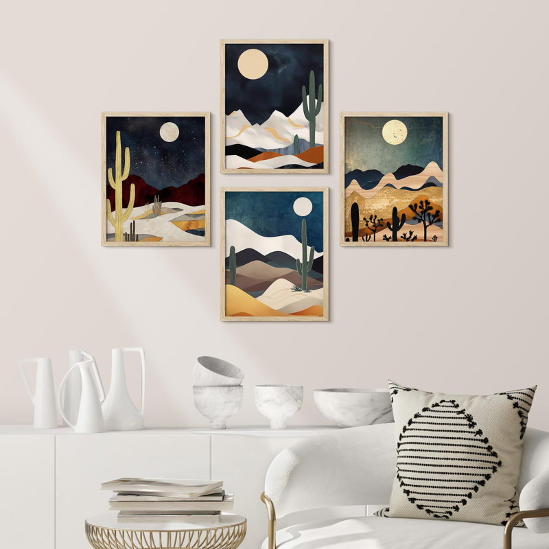 «Midnight Moon Cactus Desert Dune Nature», ensemble de 4 reproductions de cadres photo simples, Naturel, H 14 po x l 11 po