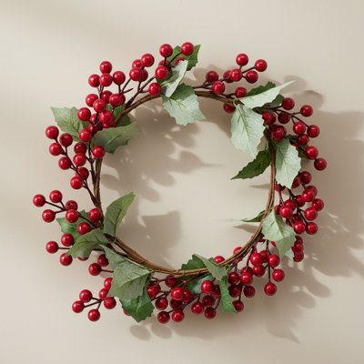 13″ Artificial Red Berry Wreath, Faux Red Berry Wreath for Front Door, Holiday Artificial Berry Wreath Decor