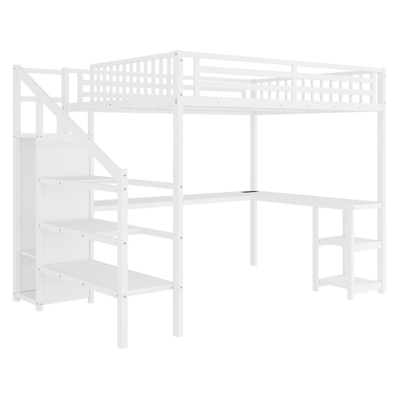 Black Metal Queen Loft Bed With Storage Wardrobe And Study Desk, White