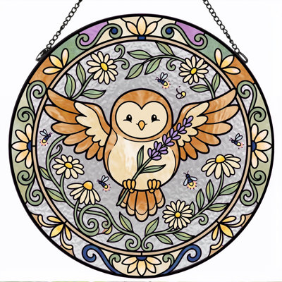 Owl Floral Stained Glass Window Panel，12"H