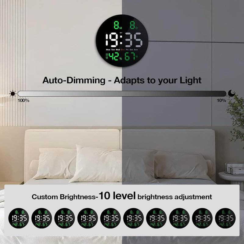 Horloge murale ronde 10 pouces avec luminosité tamisée, Vert
