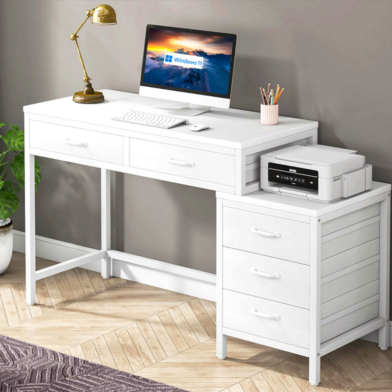 Bureau d'ordinateur 51 po réversible, bureau à domicile blanc avec 5 tiroirs, classeur et support pour imprimante