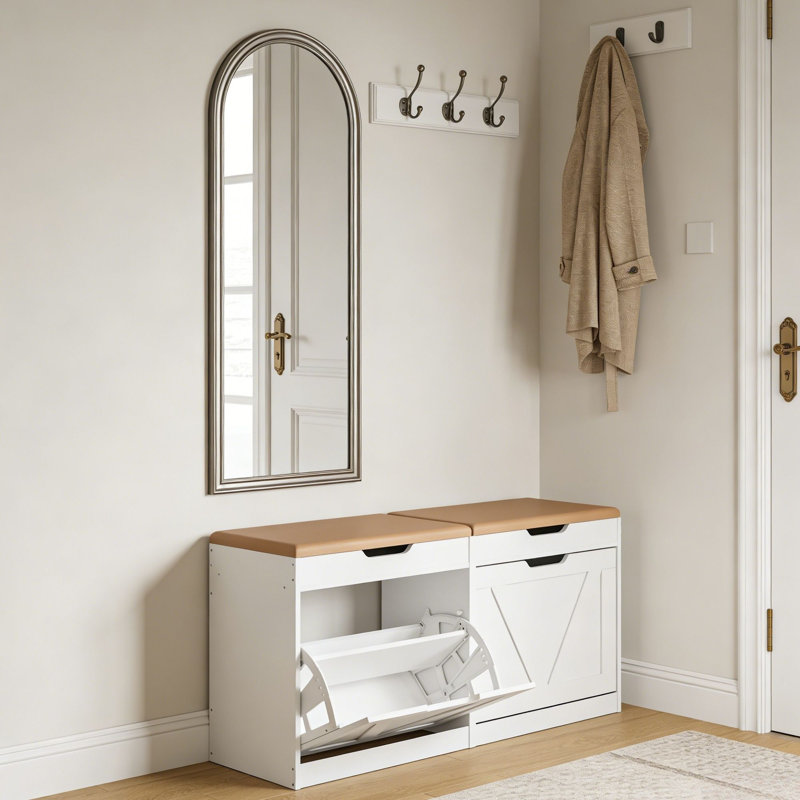 38.6" Double Shoe Storage Bench With Cushion And Flip-drawer Cabinet, White/Brown