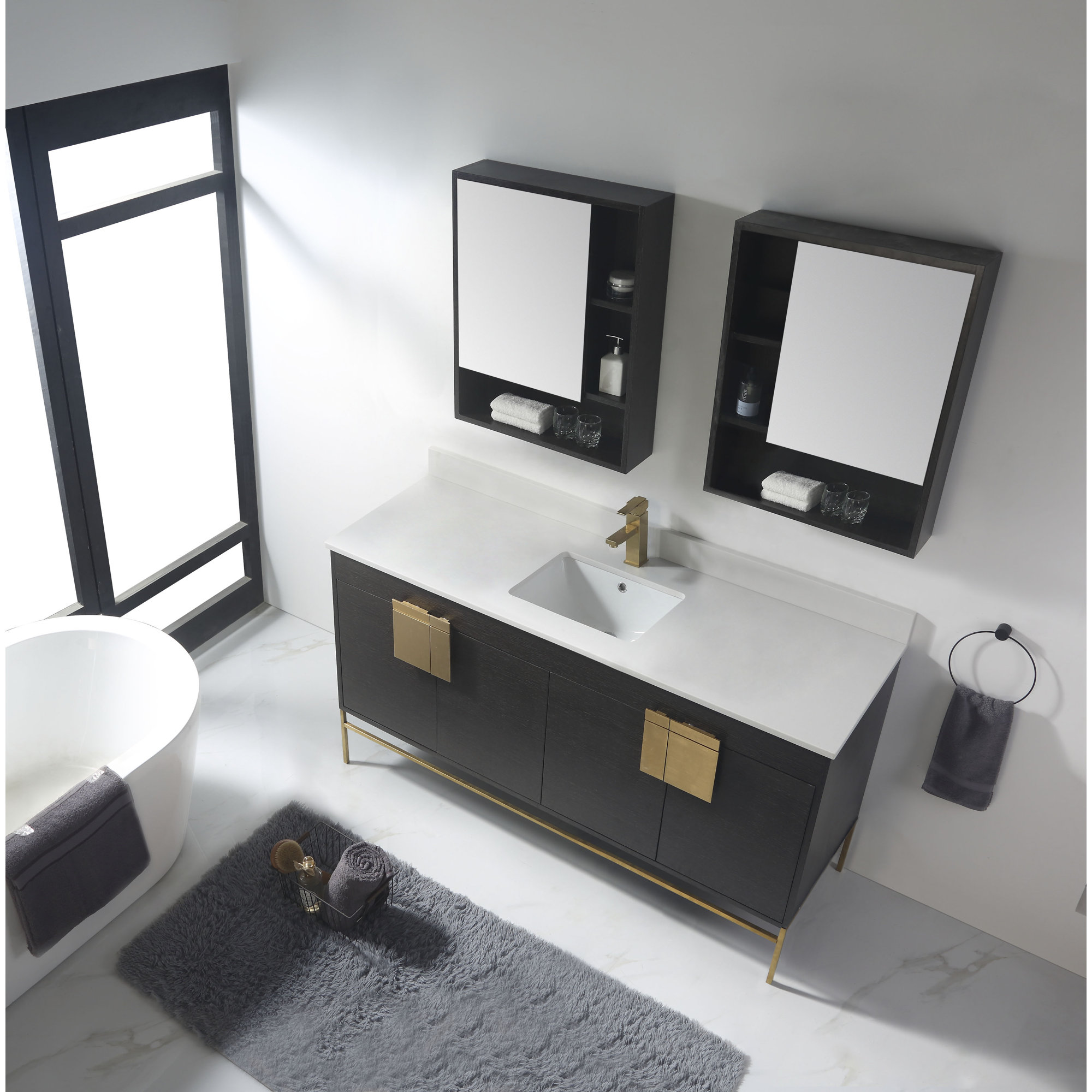 Maisie 60'' Single Bathroom Vanity, Satin Brass, Black