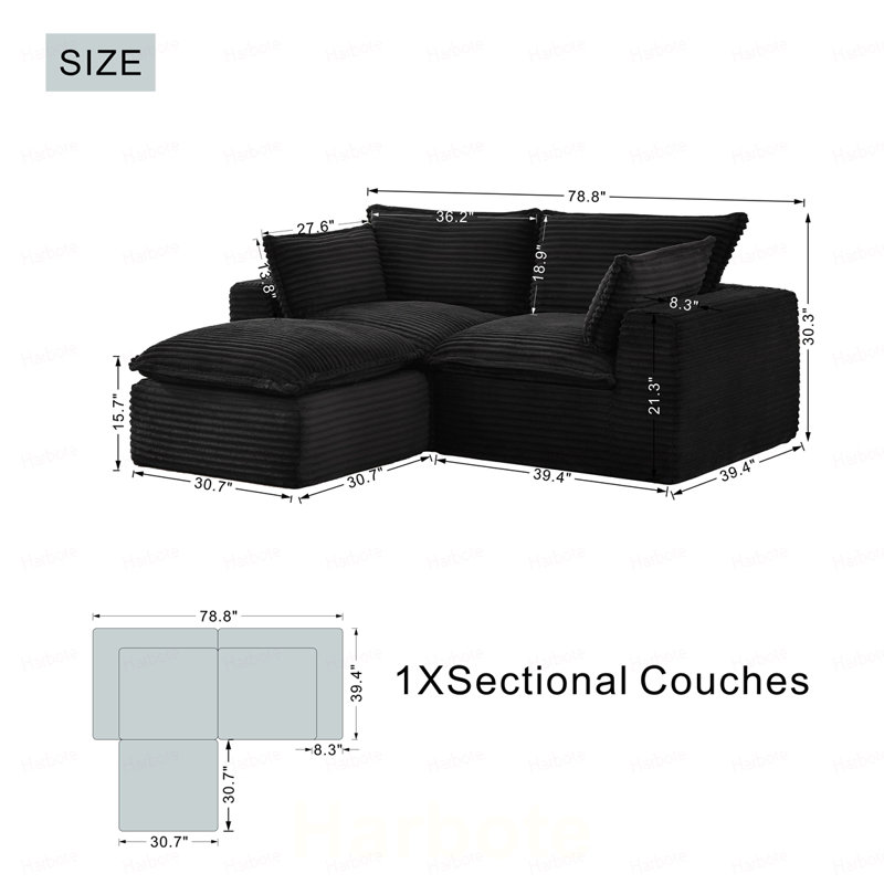 Canapé d'angle modulaire en velours côtelé en forme de L avec pouf, sans assemblage, canapé nuage adapté aux animaux de compagnie pour petits espaces