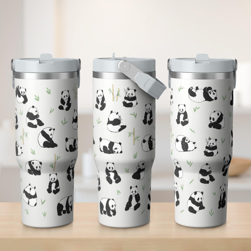 Gobelet 30 oz avec couvercle et poignée Gobelets isothermes en acier inoxydable Bouteille d'eau mignonne avec rabat (motif panda)