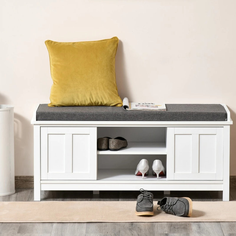 Entryway Shoe Bench, Storage Ottoman Bench With Adjustable Shelf, White