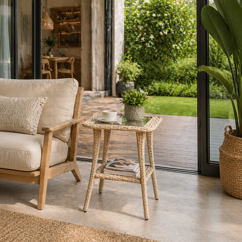 2-Tier All-Weather PE Rattan Outdoor Patio Side Table with Tempered Glass Top, Sturdy Metal Framed End Table with Open Lower Storage Shelf, Compact Small Outdoor Table Suitable for Balcony, Backyard