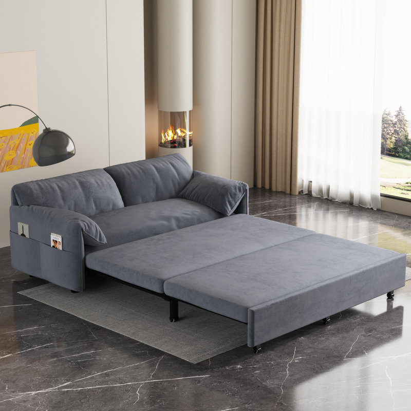 Pull Out Sofa Bed With Side Storage 3-In-1 Convertible Sleeper Sofa Bed Convertible Sofa, Dark Gray Velvet