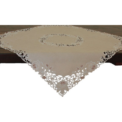 Scrolling Rose Embroidered Cutwork Table Topper