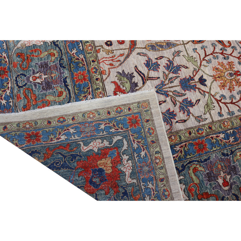 Tapis bleu clair et naturel de haute qualité noué à la main