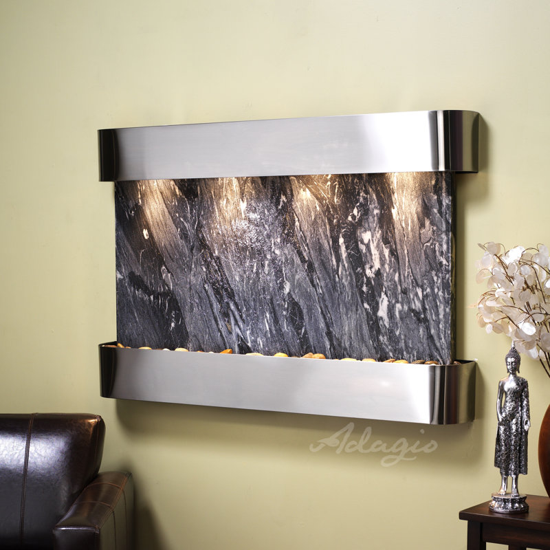 Indoor Acrylic Waterfall Fountain with Lights, Stainless Steel, Black Spider Marble