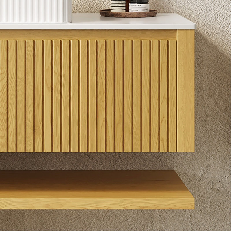 Armoire de rangement murale 48 po en corail de grain de bois avec tiroir et tablette, comptoir en pierre frittée blanche