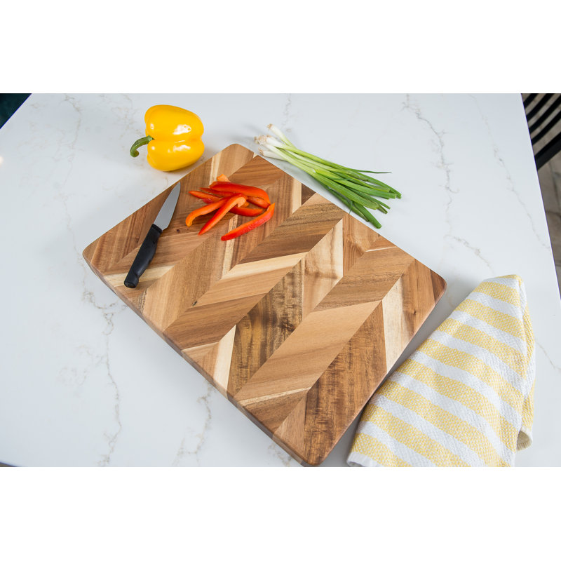 Acacia Herringbone Rectangular Cutting/Serve Board With Inset Handles, Large