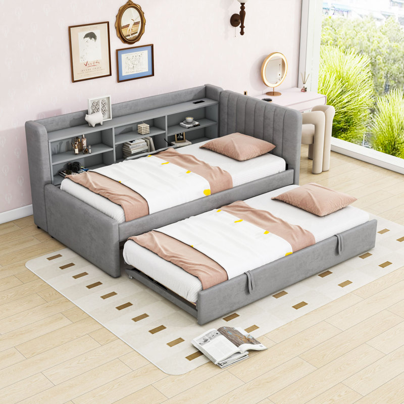Twin Upholstered Daybed with USB Charging Station and Shelves and Trundle, Gray
