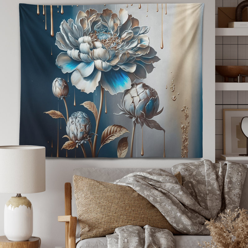 Polyester polyester bleu glacé tapisserie avec zinnia, H 50 po x l 60 po