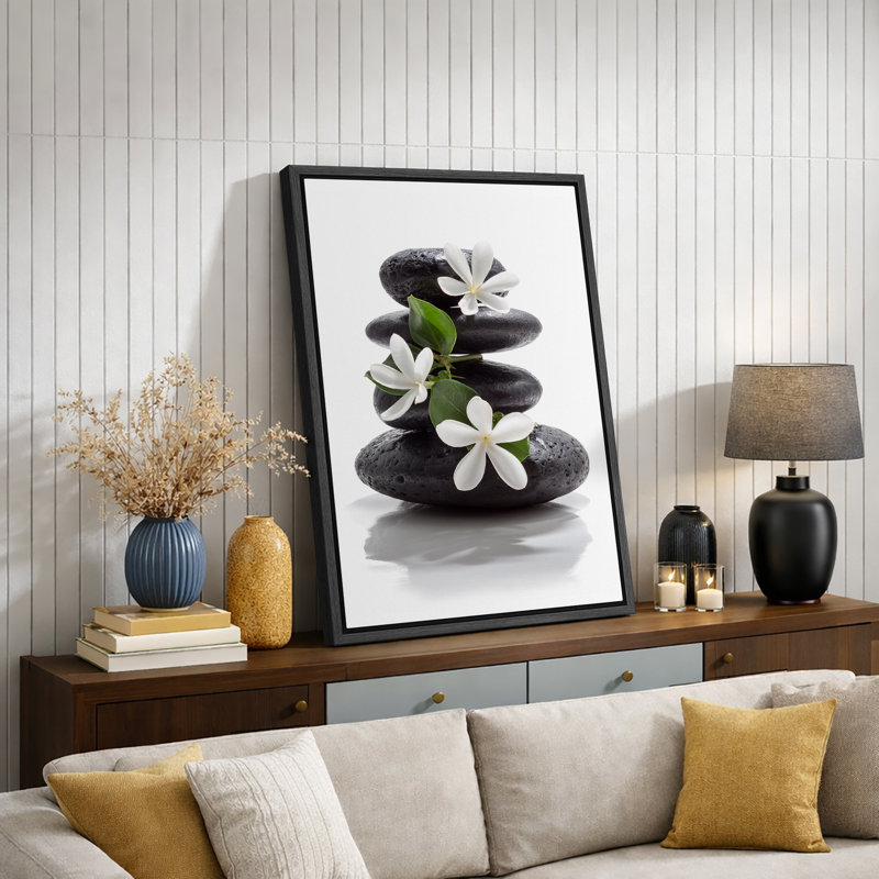 «Zen Stones Basalt with Calmer Plumeria Flowers Relaxing Bathroom», reproduction d'art sur toile, H 24 po x l 16 po